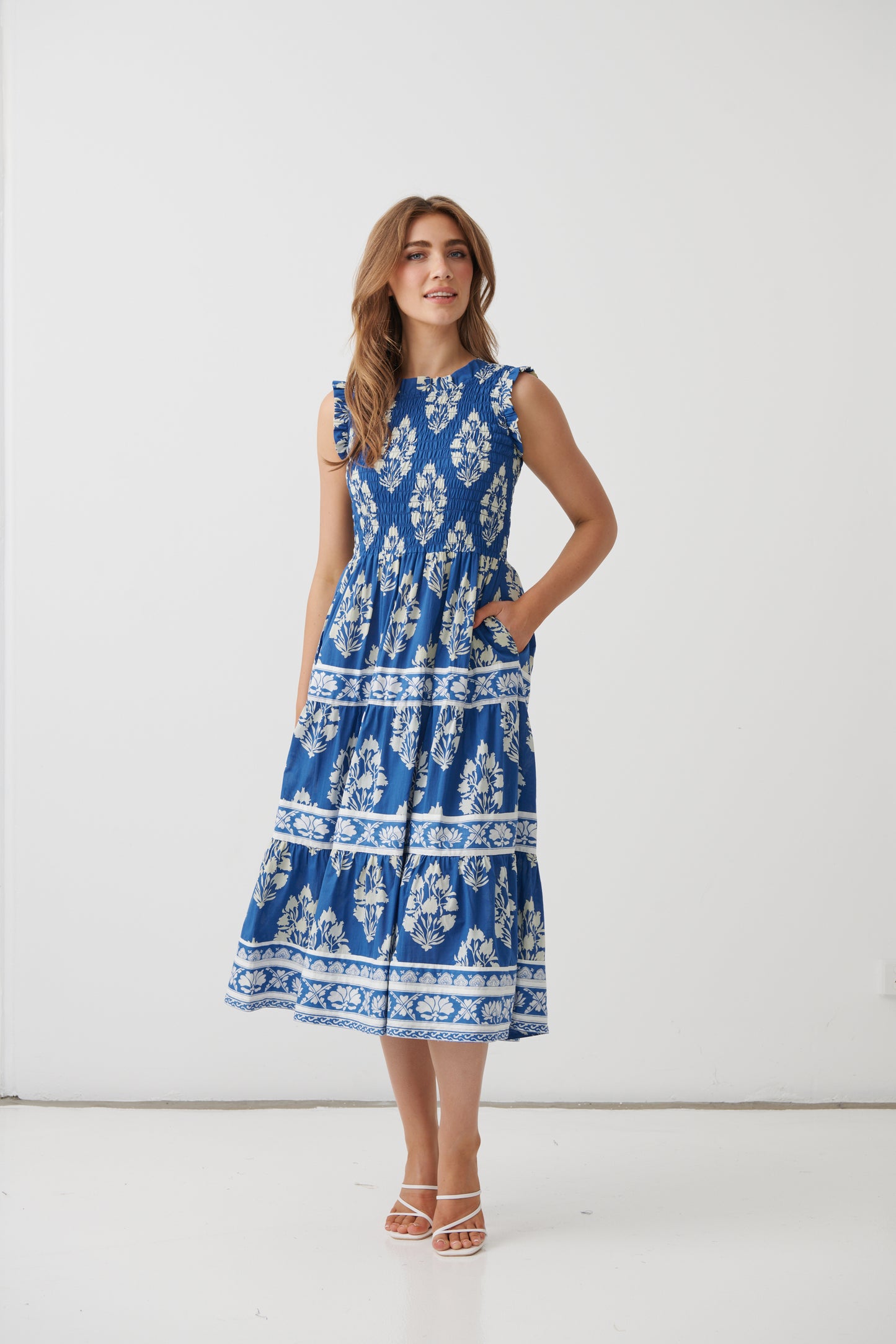 
                  
                    HF22841 Floral Block Dress w/Shirred Flutter Bodice-LAPIS
                  
                