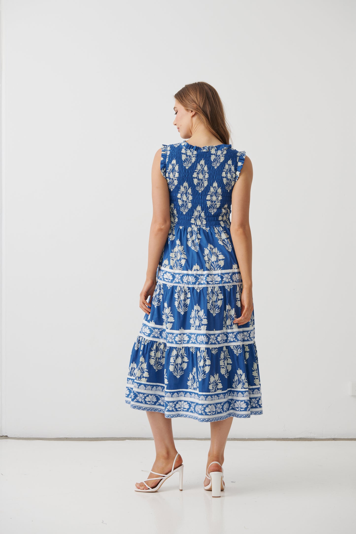 
                  
                    HF22841 Floral Block Dress w/Shirred Flutter Bodice-LAPIS
                  
                