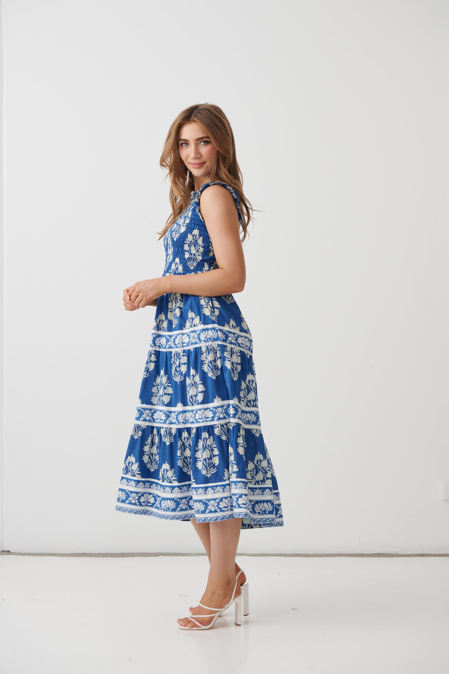 
                  
                    HF22841 Floral Block Dress w/Shirred Flutter Bodice-LAPIS
                  
                