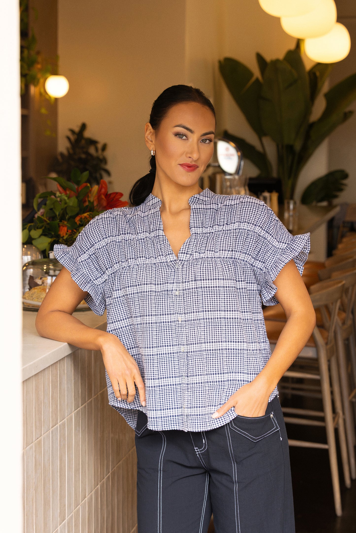 
                  
                    KNEWE ADDISON TOP-INK GINGHAM
                  
                