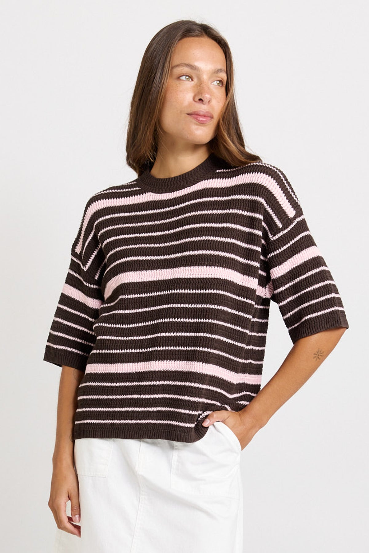 
                  
                    DYLAN KNIT TEE-CHOCOLATE/PINK STRIPE
                  
                