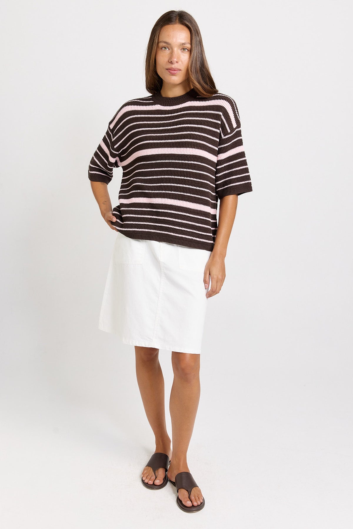 
                  
                    DYLAN KNIT TEE-CHOCOLATE/PINK STRIPE
                  
                