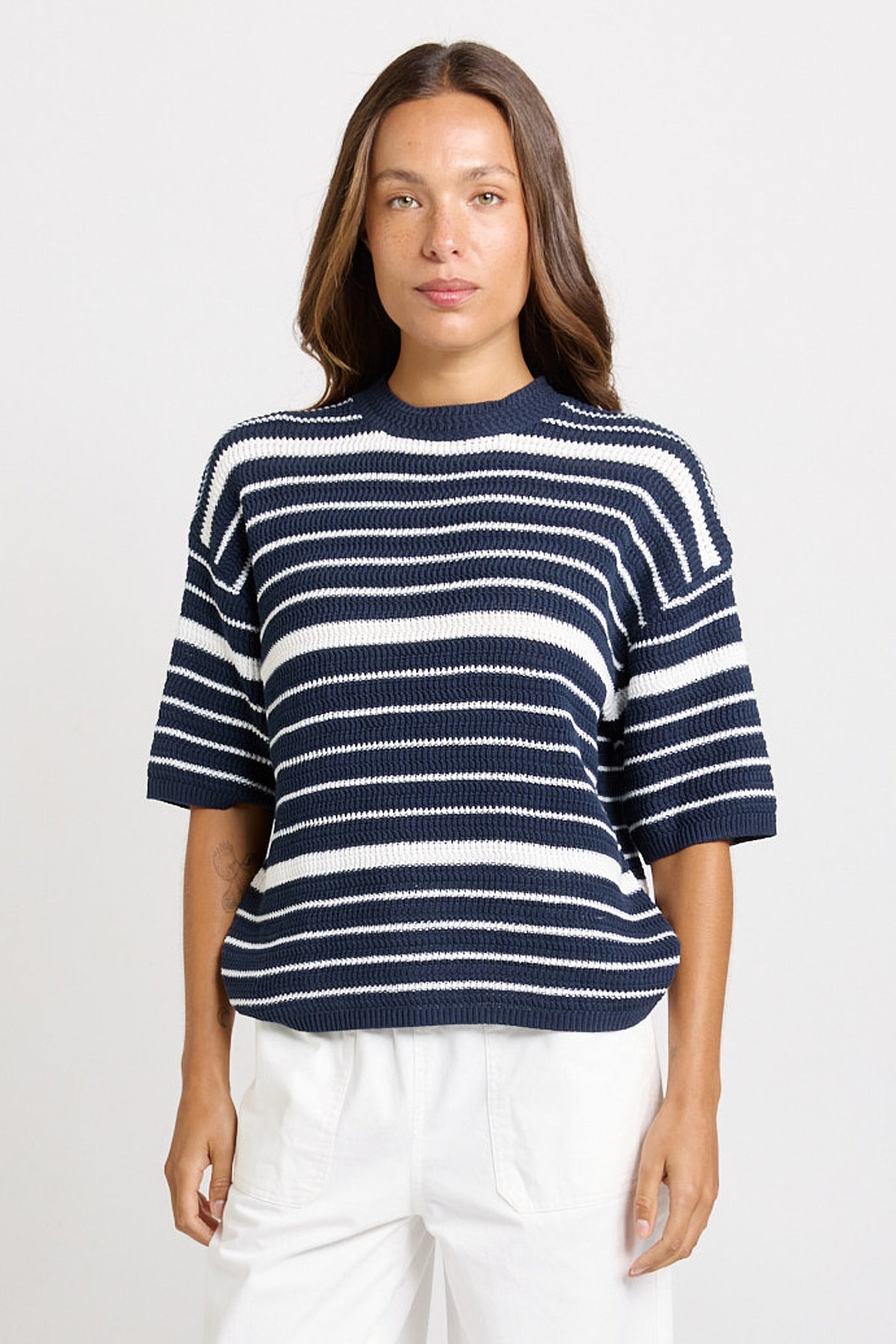 
                  
                    DYLAN KNIT TEE-NAVY/WHITE STRIPE
                  
                