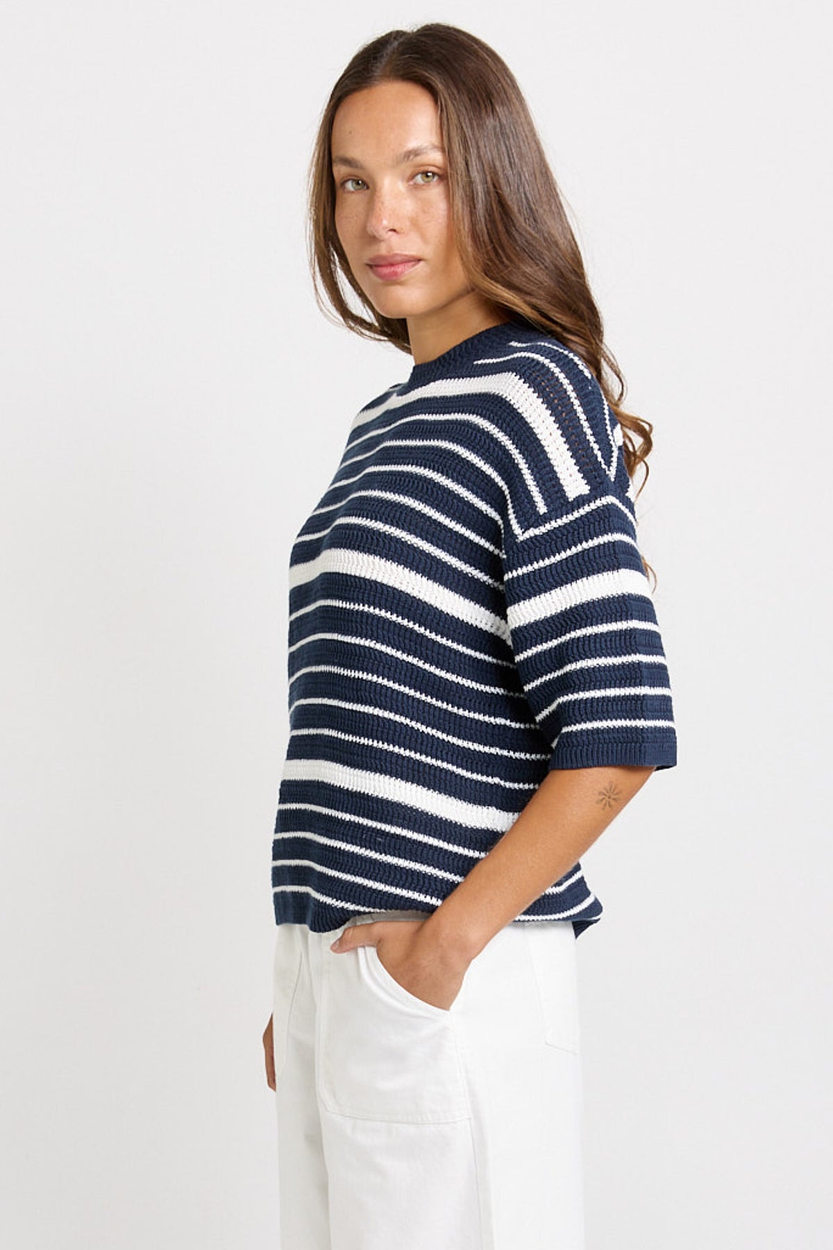 
                  
                    DYLAN KNIT TEE-NAVY/WHITE STRIPE
                  
                